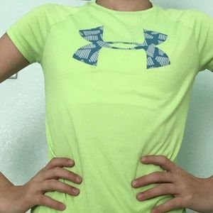 Neon green and blue under armor drifit tee shirt